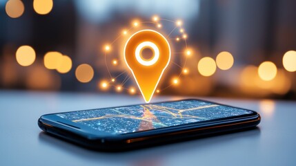 Poster - Glowing location pin appears over a smartphone displaying a map