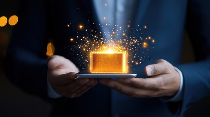 Fototapete - Man holds a glowing box over a smartphone display