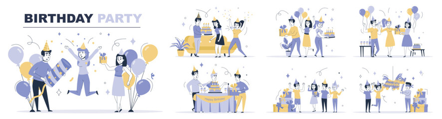 Poster - Birthday party concept set in flat web design. Collection with people celebrating with cake, give gifts, dancing, jumping, playing with pinata. Flat vector illustration isolated on white background.