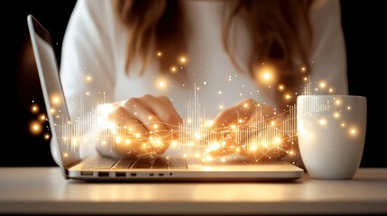 Aufkleber - Woman working on laptop with futuristic digital visualization overlay