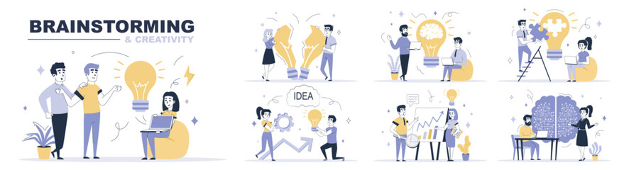 Poster - Brainstorming and creativity concept set in flat web design. Collection with people generate new ideas, make strategy, find solutions together. Flat vector illustration isolated on white background.