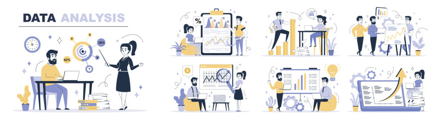 Leinwandbilder - Data analysis concept set in flat web design. Collection with people make marketing research with forecast report, work with charts and graphs. Flat vector illustration isolated on white background.
