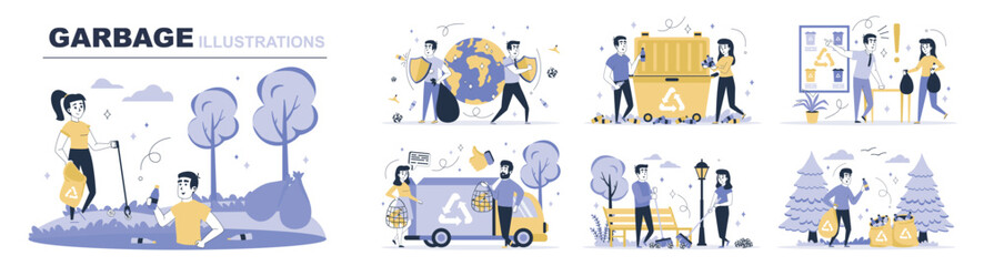 Leinwandbilder - Garbage concept set in flat web design. Collection with people cleaning park, picking trash, sorting waste, recycling and helping planet nature. Flat vector illustration isolated on white background.