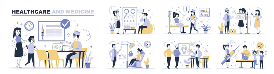 Aufkleber - Healthcare and medicine concept set in flat web design. Collection with people visiting pediatrician, doctor and ophthalmologist, make x-ray. Flat vector illustration isolated on white background.