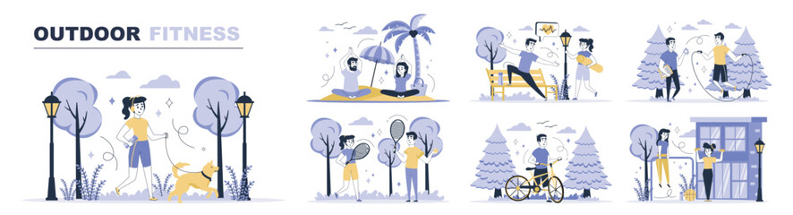 Aufkleber - Outdoor fitness concept set in flat web design. Collection with people walking dog, running, doing yoga, playing tennis, cycling at city park. Flat vector illustration isolated on white background.
