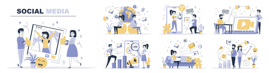 Poster - Social media concept set in flat web design. Collection with people make ne posts with photo or video content, likes, sharing links with friends. Flat vector illustration isolated on white background.