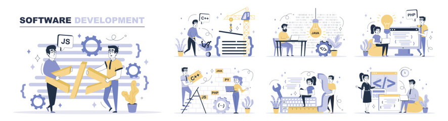 Fototapete - Software development concept set in flat web design. Collection with people programming and coding at computer languages, work with app scripts. Flat vector illustration isolated on white background.