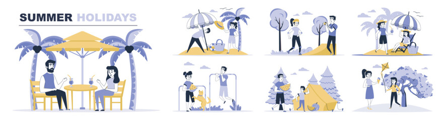 Wall Mural - summer holidays concept set in flat web design. collection with people resting at beach cafe in trop