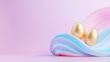 Poster - Two shiny golden easter eggs resting on pastel waves