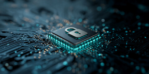 Cybersecurity concept image showing a padlock icon on a circuit board, representing digital security and data protection