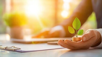 Poster - Hand holding coin stack with plant symbolizing financial growth