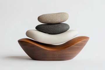 Aufkleber - Smooth stones stacked harmoniously on a minimalist shelf in a serene indoor setting during daylight hours