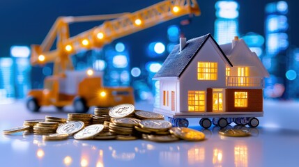 Aufkleber - Miniature house coins and construction crane represent real estate market