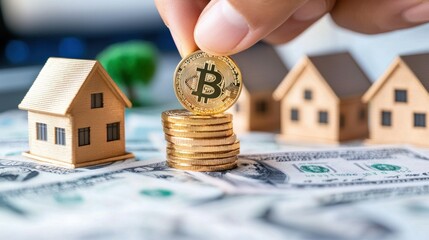 Aufkleber - Hand holding bitcoin above stack of coins near model houses