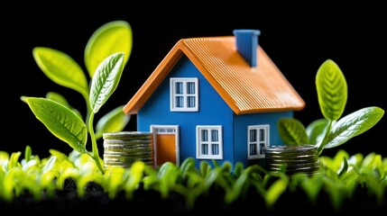 Aufkleber - Miniature house surrounded by sprouting plants and stacks of coins