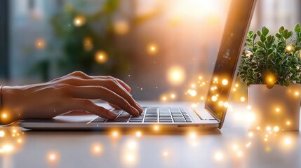 Fototapete - Hands typing on laptop with soft focus and glowing lights