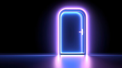 Aufkleber - A glowing blue neon door stands against a dark background