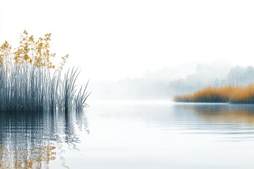 Aufkleber - Tranquil lakeside landscape showcasing trees reflecting on still water during a serene autumn day