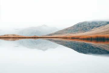 Aufkleber - Tranquil lakeside landscape showcasing trees reflecting on still water during a serene autumn day
