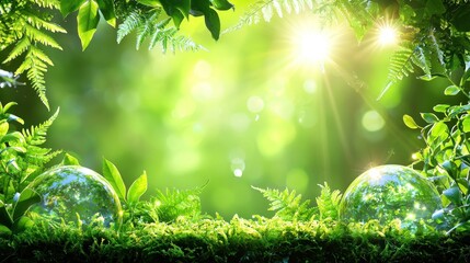 Poster - Forest landscape featuring moss ferns sunlight and glass spheres
