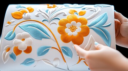 Poster - Embossed floral design is displayed with hands on a white background