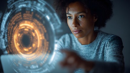 focused programmer interacting with a holographic interface, showcasing advanced tech and interactiv