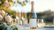 © Myroslava - Sparkling wine bottle with a blank label and glasses on a festive decorated outdoor table