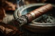 © bltvmax - Smoldering brown cigar resting on a rustic ashtray with curling smoke and surrounding dry leaf on textured wooden surface.