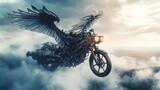 Mechanical winged motorcycle flying above cloudscape