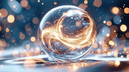 Fototapete - Illuminated glass sphere encasing swirling golden light on reflective surface