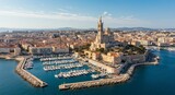 Marseille Cityscape and Harbor - Aerial view of Marseille, France, showcasing the city's beautiful harbor filled with boats and the iconic Notre-Dame de la Garde basilica