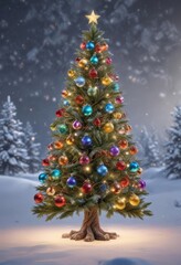 Wall Mural - Sparkling Christmas tree, colorful baubles, twinkling lights, snowy winter scene,  bokeh,  visual,  xmas