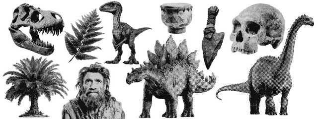 Wall Mural - set of prehistoric dinosaur halftone grunge vector design elements