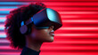 © Dimas - Woman Wearing Virtual Reality Headset Against Neon Background