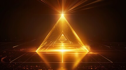 Golden triangle tunnel with bright light and glowing lines in a dark abstract background scene