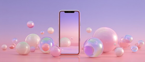 Wall Mural - modern smartphone mockup with iridescent spheres on pastel pink and purple background concept of tec