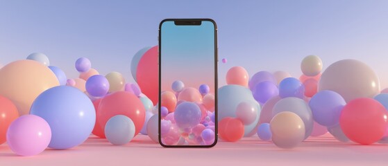 Wall Mural - Modern smartphone mockup with pastel colored spheres, showcasing vibrant display and playful design Concept of technology, communication, and creative presentation