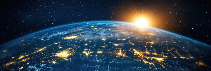 Wall Mural - Illuminated Globe: Earth at Night with Shimmering City Lights and Celestial Sphere in Space Background