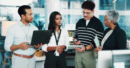 Aufkleber - Programmer, team and business people with tablet for idea in office, help or web development. Group discussion, coding and tech for software project, creative planning or problem solving in meeting