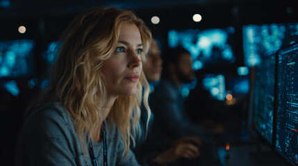 Wall Mural - woman with blond hair focused on computer screen, colleagues blurred in background, depicting concen