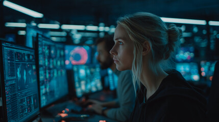 Wall Mural - woman with blond hair in a bun, focused on computer screens displaying data, symbolizing modern tech