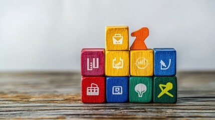 Aufkleber - Colorful wooden blocks with icons form a podium with a winner.