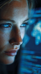 Wall Mural - close-up of woman's face, blue eyes focused on a blurred blue screen, suggesting concentration and d