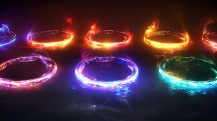 A vibrant array of glowing rings illuminated in various colors on a dark reflective surface backdrop
