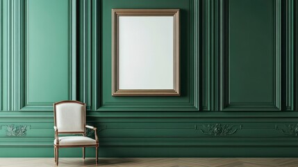 Poster - Empty frame on green wall with chair.