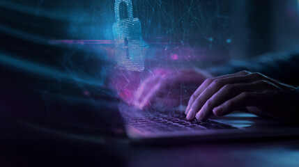 Wall Mural - hands typing on laptop keyboard, digital lock icon hovers above, symbolizing online security, data p