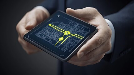 Person holding tablet showing city map with highlighted routes urban planning navigation app digital technology