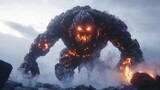 Fiery rock monster emerging from smoke dark fantasy illustration