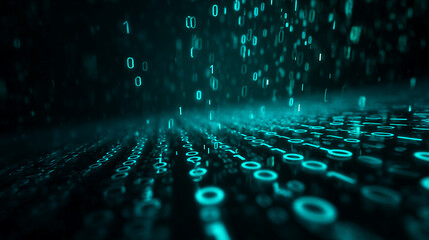 Teal glowing binary code digits, falling and forming a digital landscape, showcasing technology, data, and digital world concepts