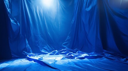 Poster - Dramatic blue fabric backdrop with lighting, folds, and wrinkles, creating a moody atmosphere.